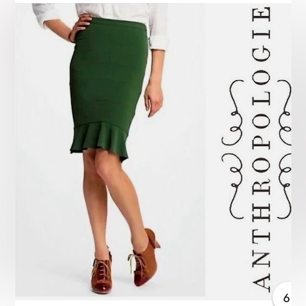 Anthropologie HD IN PARIS Flounce Hem Pencil Skirt Womens Green Ruffle Size 10